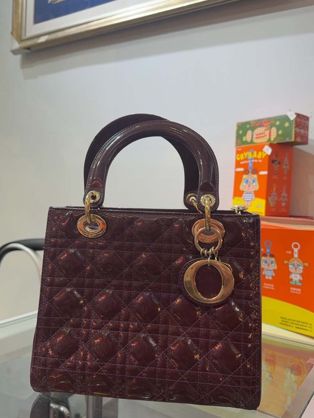 Dior Quilted Patent Satchel in Deep Wine with Gold Hardware